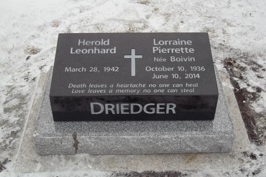 Drieger, 20 x 10 x 6/4 Midnight Black pillow marker installed in St. Boniface cemetery