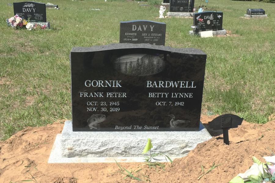 Gornick, Midnight Black traditional double memorial installed in Crandell cemetery Birch River, Manitoba 