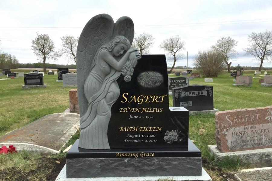 Sagert, Midnight Black custom design sculptured Angel installed in Minitonas cemetery Minitonas, Manitoba