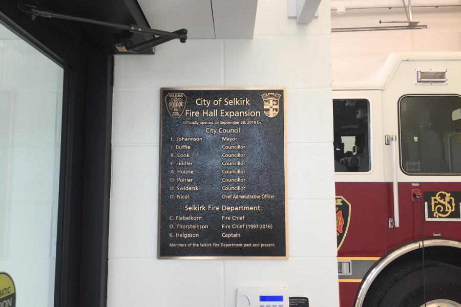 Bronze plaque installed in the Selkirk Fire Department Selkirk, Manitoba
