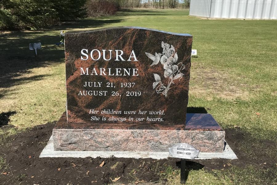 Soura, Aurora single traditional memorial installed in Bowsman cemetery Bowsman, Manitoba