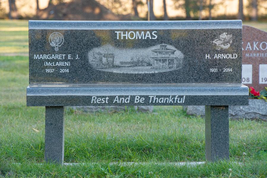 Thomas, South African Brits Blue granite bench with diamond impact etchings installed in Carberry cemetery Carberry, Manitoba