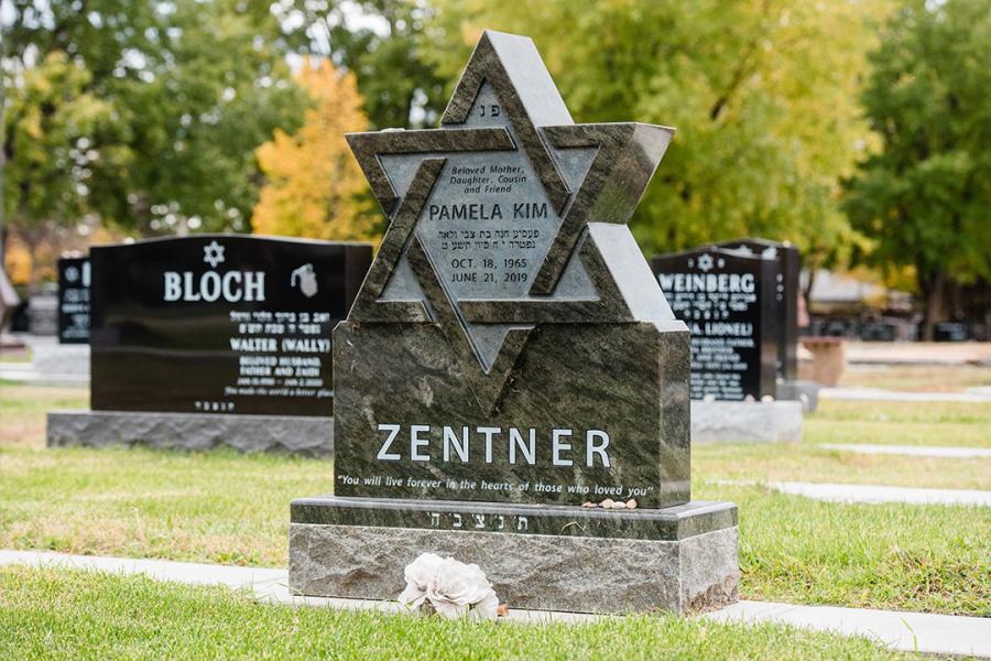 Tropical Green Custom designed monument installed on matching 2" margin base in Shaarey-Zedek cemetery.