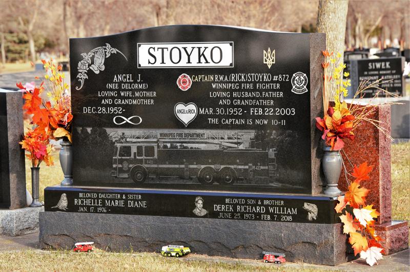 Monument originally designed for a husband and wife, a subbase for their children were later added.